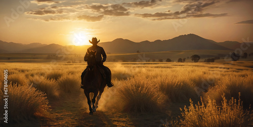 With the sun sinking behind the mountains, a cowboy on horseback, his lasso at the ready, rides through the desert landscape photo