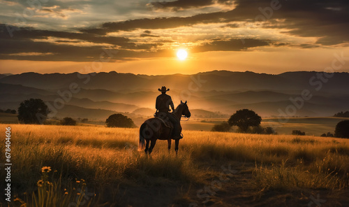 With the sun sinking behind the mountains, a cowboy on horseback, his lasso at the ready, rides through the desert landscape