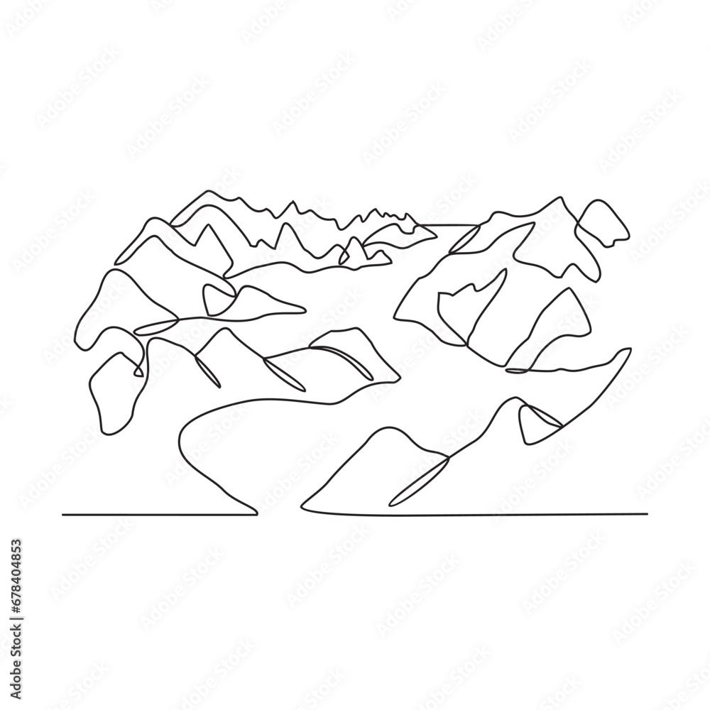 One continuous line drawing of beach and small island vector. View of small island to enjoy the beach atmosphere in simple linear style. Landscape and environment design concept. Vector illustration One continuous line drawing of beach and small island vector. View of small island to enjoy the beach atmosphere in simple linear style. Landscape and environment design concept. Vector illustration