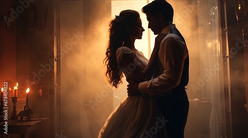 A young couple cuddled together dances a slow dance against a background of candles. Romantic setting. Copy space