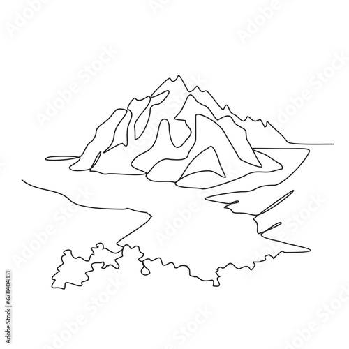 One continuous line drawing of  beach and small island vector. View of small island to enjoy the beach atmosphere in simple linear style. Landscape and environment design concept. Vector illustration