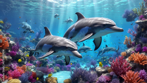A pod of dolphins swims through a coral reef.