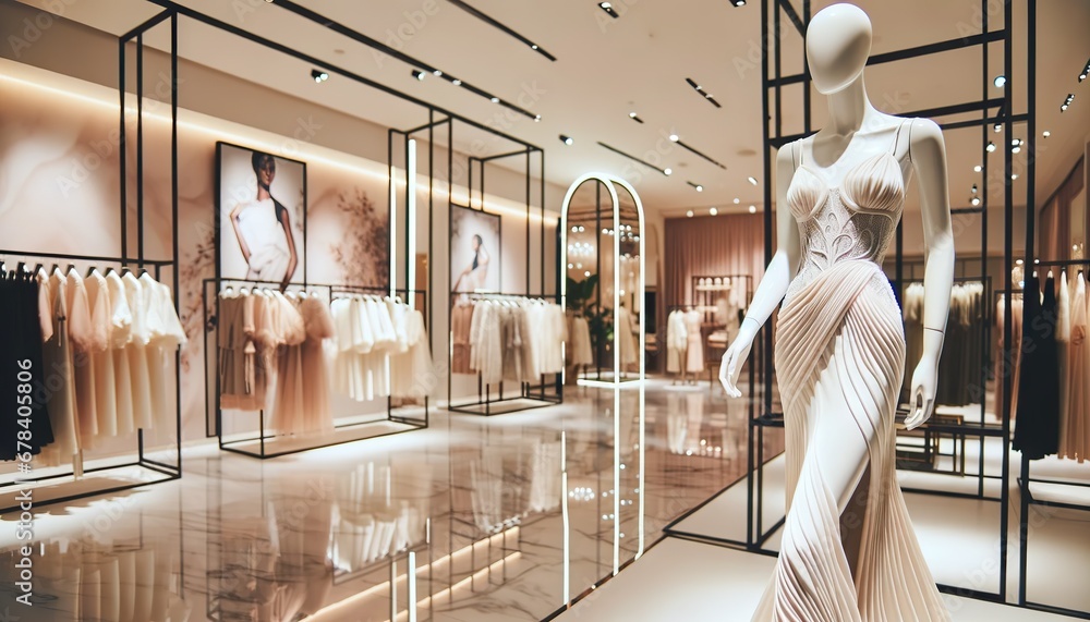 Botique Model Spacious interior of an exquisite fashion boutique. A mannequin in a ...