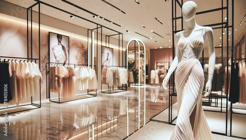 Spacious interior of an exquisite fashion boutique. A mannequin in a spectacular dress of complex texture, emphasizing the graceful female silhouette. An atmosphere of luxury and style photo
