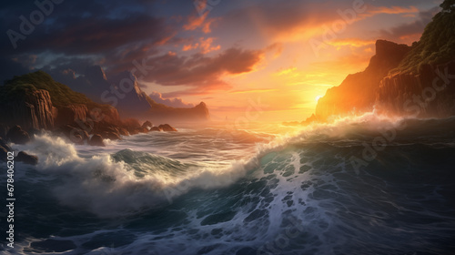 Breathtaking coastal scene with crashing waves, a golden sunset, and a dramatic cliffside overlooking the vast ocean