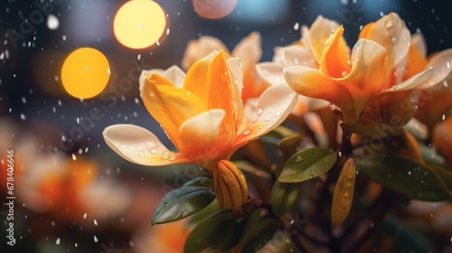Beautiful flowers in the rain with bokeh light background. Springtime Concept. Magnolia Flowers. Magnolia tree blooming.