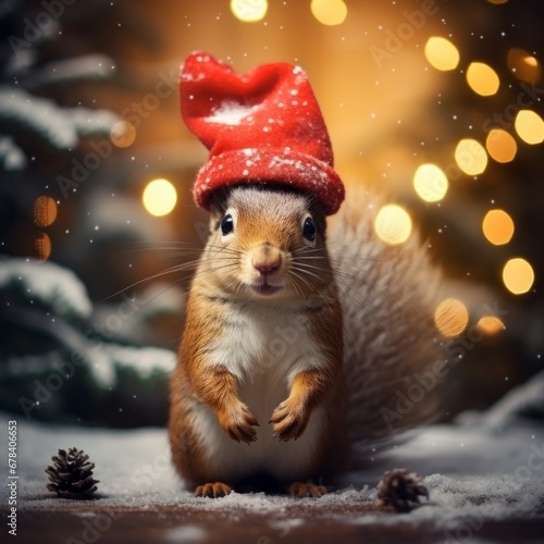 A beautiful squirrel is standing in a forest, has adorable brown eyes, and is wearing a Christmas hat,