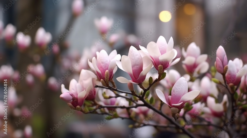 Beautiful pink magnolia flowers on a branch in the rain. Springtime Concept. Magnolia Flowers. Magnolia tree blooming.