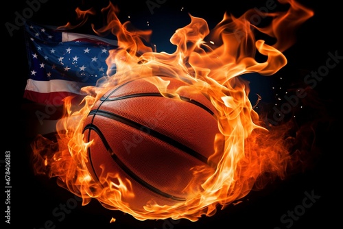 Burning Triumph: Experience the Explosive Dissolving of a Basketball, Flames Surrounding the USA Flag, in a Cinematic Light Background Wallpaper of Athletic Power and Patriotism