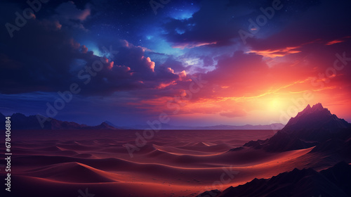 Otherworldly desert landscape with towering sand dunes, a vivid sunset, and a sky filled with stars
