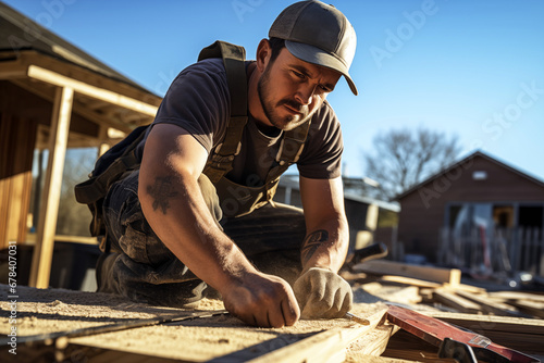 Men bricklayer in work clothes on a construction site. Mason at work. Building trade.  photo