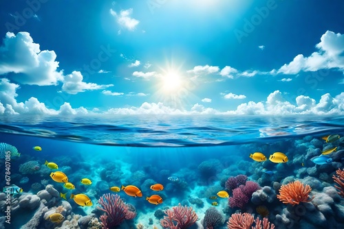 Summer sale background template. Vector illustration with deep underwater ocean scene. Background with realistic clouds and marine horizon-