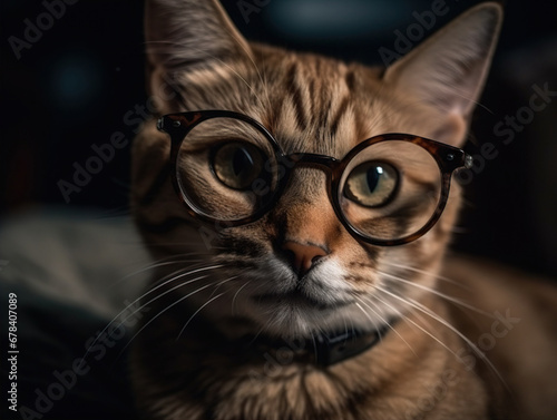 Domestic tabby cat wearing reading glasses looks at the camera. Smart cat close-up. Smart pet concept. Portrait of a cute cat with glasses. Wise animal