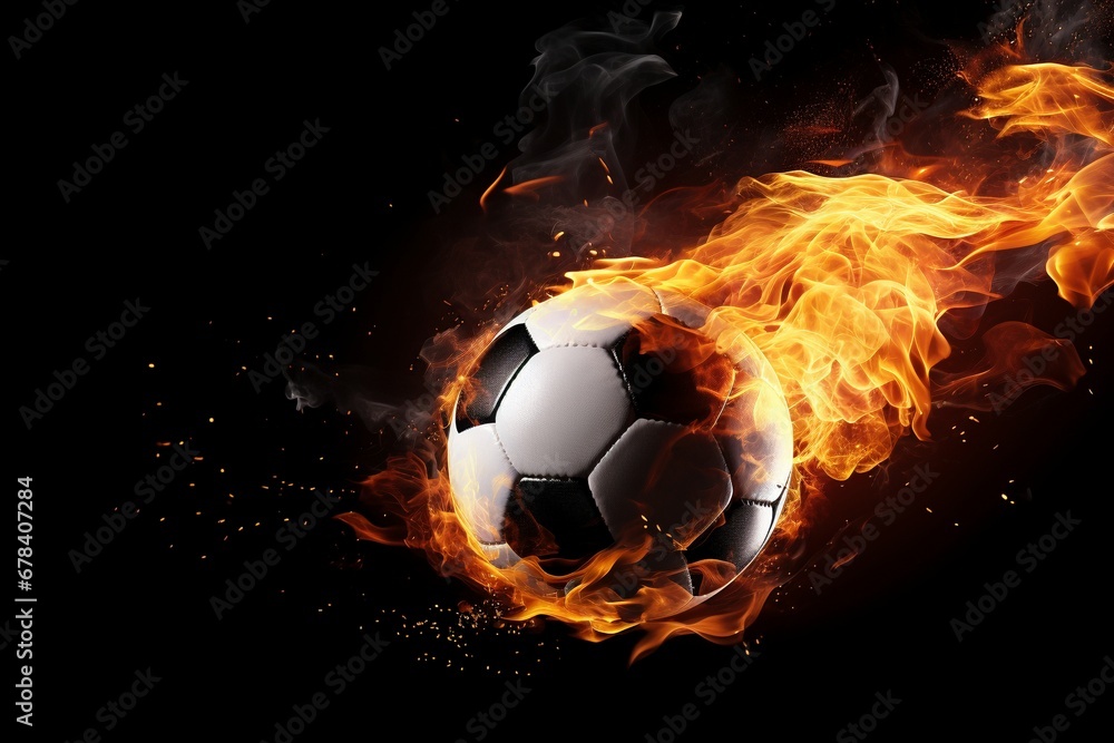 Fototapeta premium Kick of Flames: Witness the Explosive Dissolving of a Soccer Ball, Flames Enveloping in Cinematic Light, Creating a Dynamic Background Wallpaper of Athletic Power and Passion