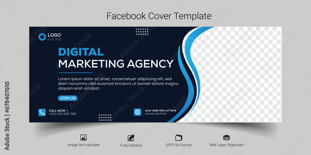 Digital marketing agency facebook cover photo design with creative shape or web banner for digital marketing business, Blue color  - obrazy, fototapety, plakaty 