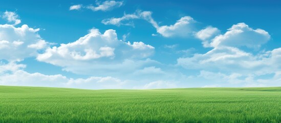 The lush green grass background merges seamlessly with the blue summer sky creating a picturesque landscape of natures beauty distance a content cow grazes field providing milk for the hard