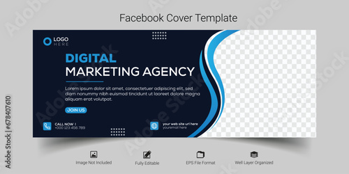 Digital marketing agency facebook cover photo design with creative shape or web banner for digital marketing business, Blue color 