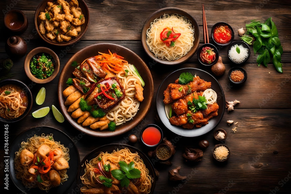 Top view of a Thai street food ,The market in Thailand is full of food. And will sell on the street,street food thailand