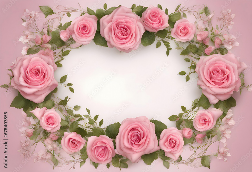 Floral frame, wreath of flowers, pink roses, just in the edges of the picture
