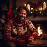 Przystojny mężczyzna ubrany w biało-czerwony świąteczny sweter, który siedzi przy kominku