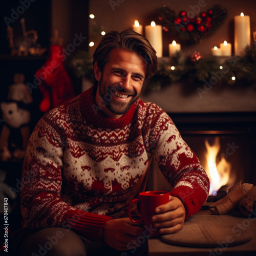 Przystojny mężczyzna ubrany w biało-czerwony świąteczny sweter, który siedzi przy kominku