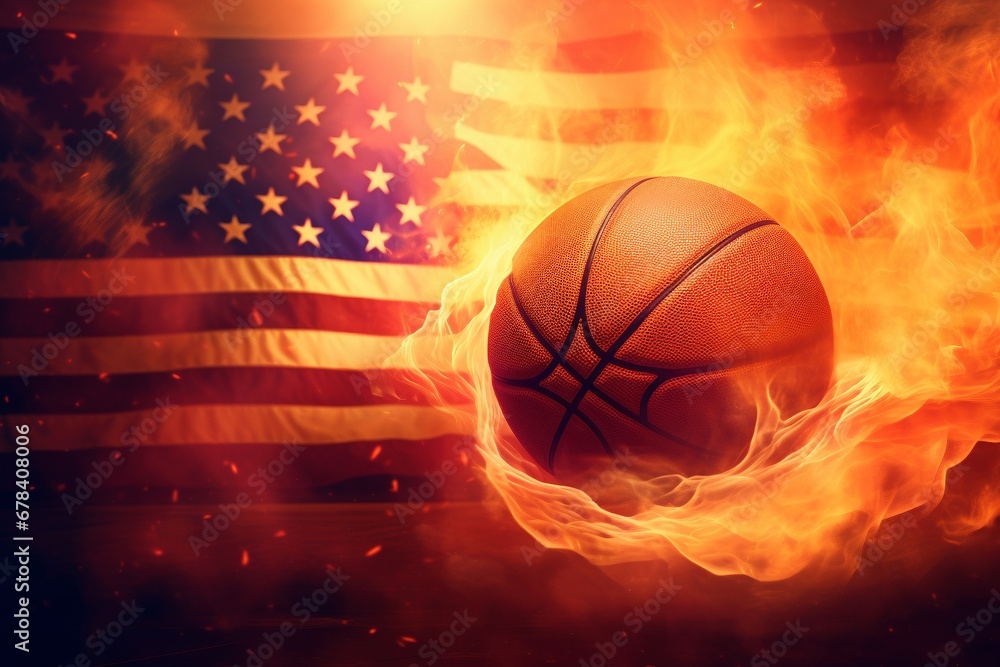 Obraz premium Cinematic Victory: Witness the Dynamic Explosion of a Basketball, Flames Dancing Around the USA Flag, Illuminated in a Cinematic Light Background, Symbolizing Fiery Passion and National Pride