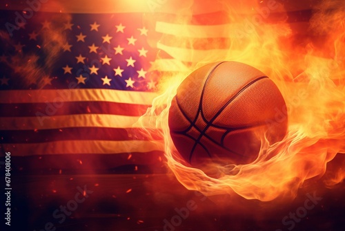 Cinematic Victory: Witness the Dynamic Explosion of a Basketball, Flames Dancing Around the USA Flag, Illuminated in a Cinematic Light Background, Symbolizing Fiery Passion and National Pride © Martin
