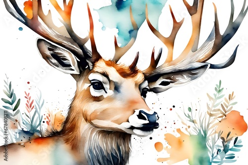 Watercolor Deer Illustration Isolated on White Background. Colorful Digital Animal Ar photo