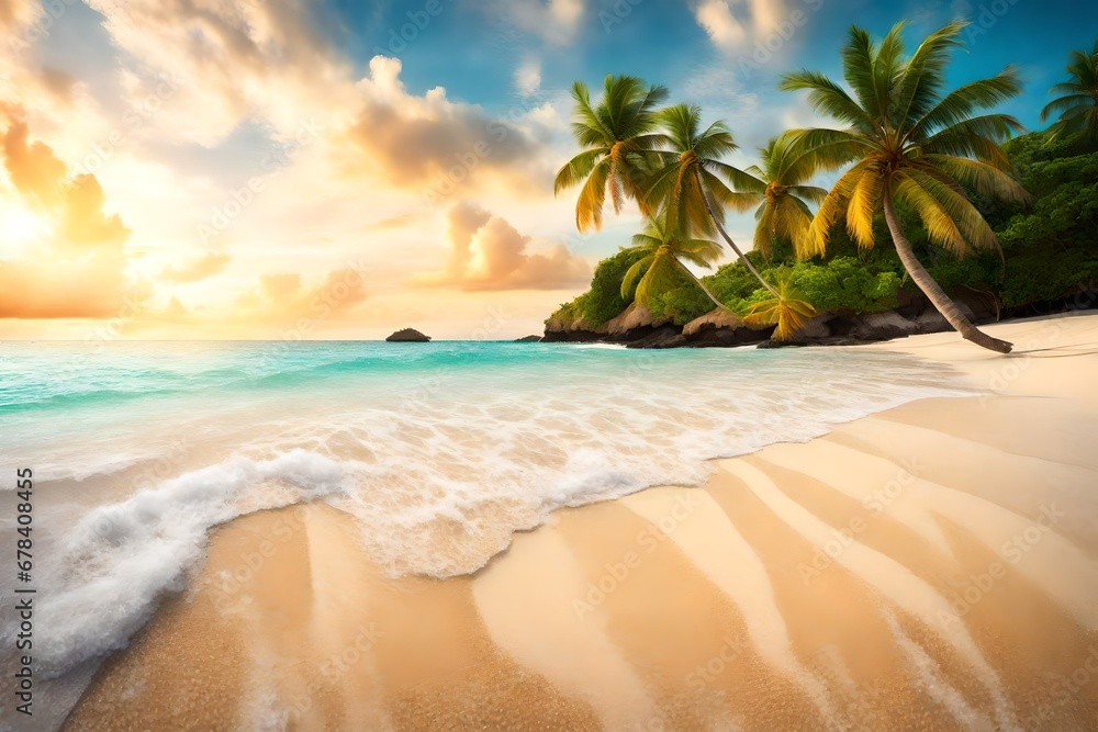 Sandy tropical beach with island on background By Jag