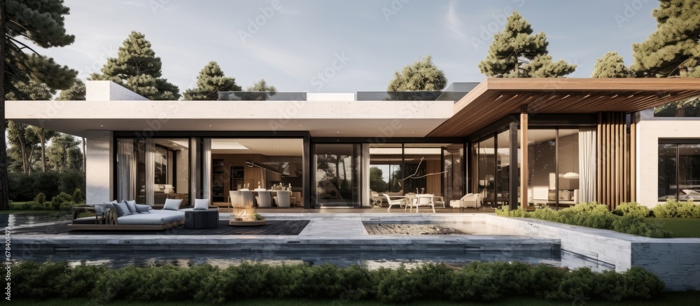 The design of the house captivates peoples attention with its wooden structure white walls and marble elements it exudes a luxurious and inviting atmosphere The interior promotes health and