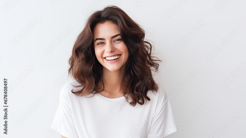 Portrait of a young and beautiful brunette woman on white background, smiles and laughs to the camera. Advertising concept.
Portrait of a young and beautiful brunette woman on white background, smiles and laughs to the camera. Advertising concept.
