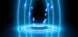 Futuristic Currency Portal with British Pounds Floating in a Neon Blue Hologram The portal is a blue neon circle with a smaller circle in the center.