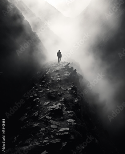 Man climbing a mountain in the mist. Conquering the summit even though the route is not always easy. Artistic monotone black and white photography.