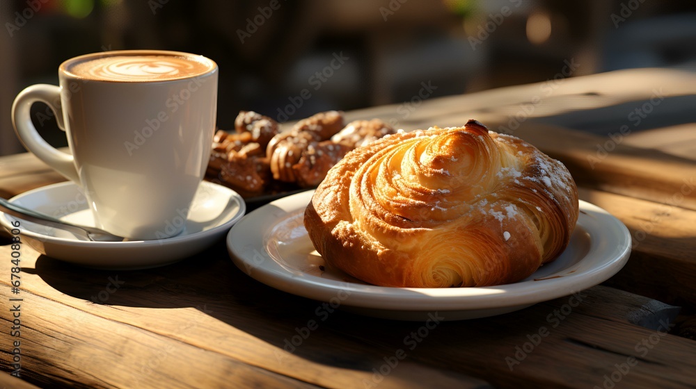A cup of coffee and palate with a pastry A cup of coffee and palate with a pastry