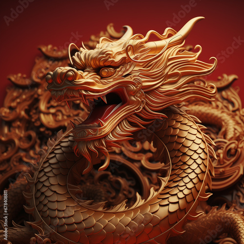 Golden dragon statue on red background. Chinese New Year concept  2024 zodiac symbol