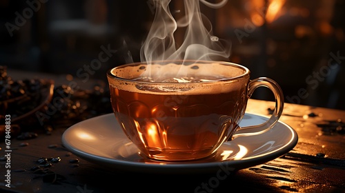 A cup of coffee with steam rising from it