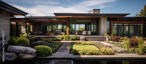 The business owner hired a skilled design team to create unique backgrounds for the house incorporating elements of grass construction and metal to complement the homes architectural concep