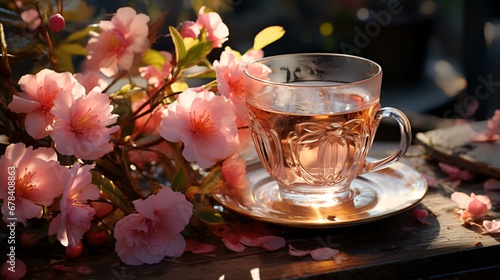 A cup of tea next to a plate with flowers on it