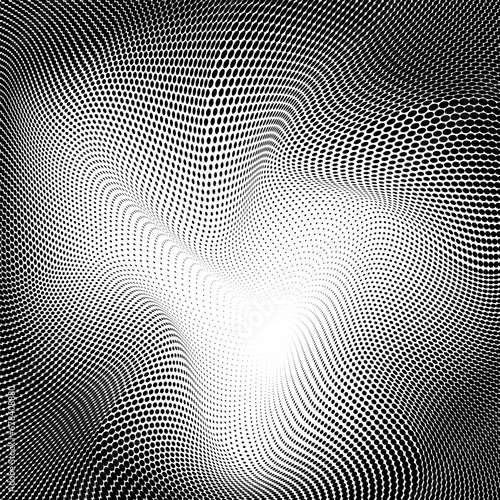Halftone background with illusion effect. Curved gradient texture. Visualization of big data. Broken screen virus. Vector illustration.