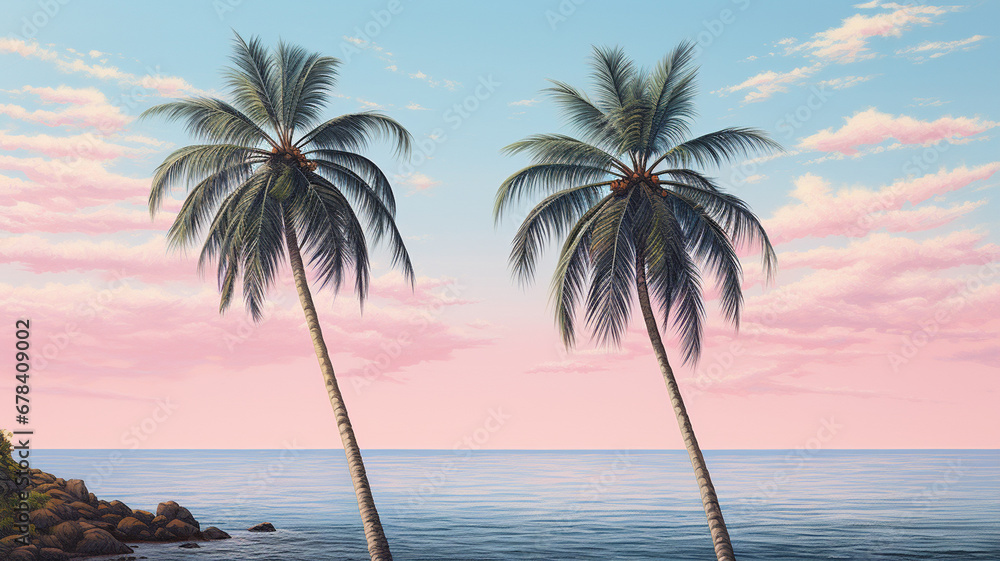 pink tropical palm trees and sea on sunset background. summer concept, vacation or summer vacation concept