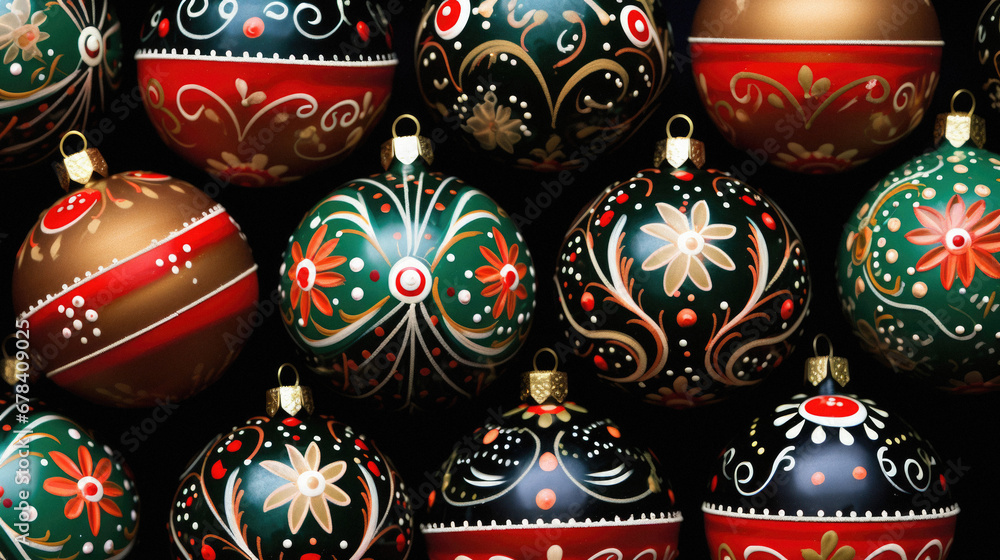 Christmas ornaments on a black background. Christmas decorations. Close-up.