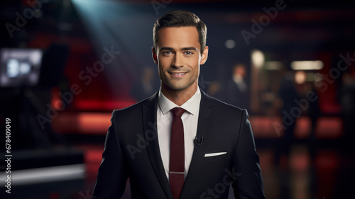 Commanding Presence Portrait of a Presenter in the Dynamic Atmosphere of a TV Studio