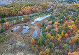 marsh with lake (aerial view in autumn with fall foliage) binghamton university nature preserve hiking trail with bridge in wetland, swamp (colorful leaves, hills) from above, nature walk