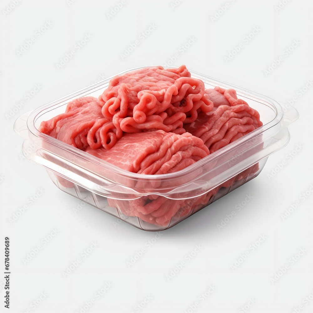 Plastic Container with Fresh Ground Beef, Isolated on White Background. Generative ai Plastic Container with Fresh Ground Beef, Isolated on White Background. Generative ai