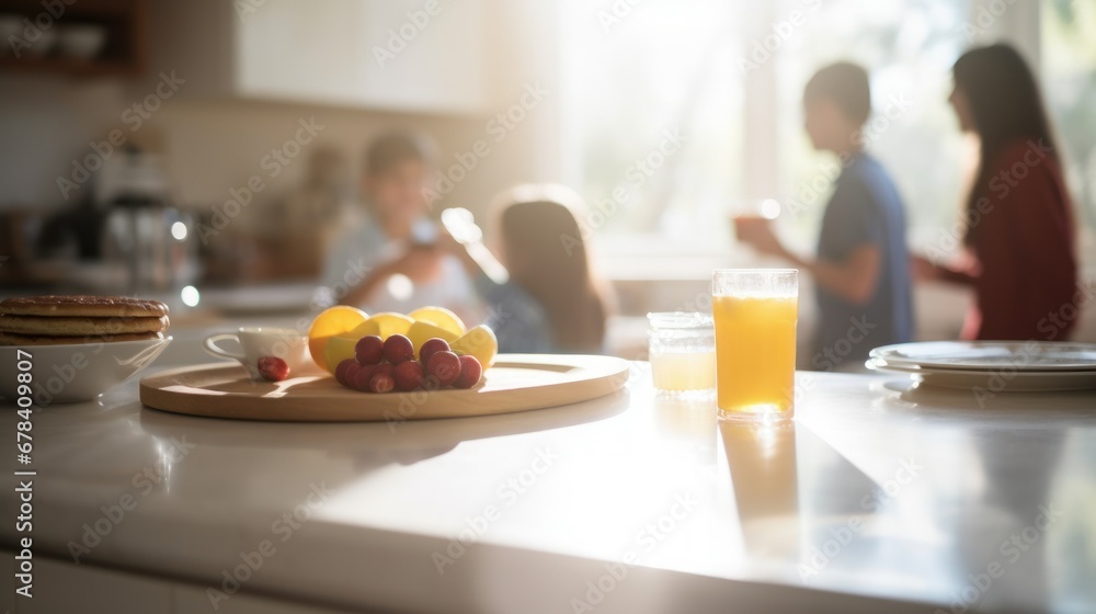 A family preparing breakfast in absolute, a photo focused on the table - obrazy, fototapety, plakaty 