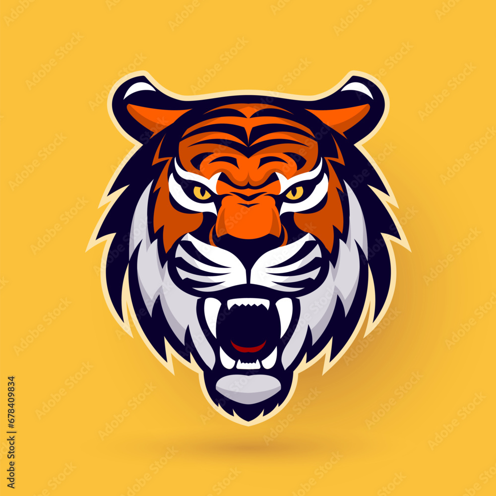 An elaborate and impactful tiger head logo design with intricate features, ideal for brands seeking a dominant representation. The yellow background enhances its vibrancy.
