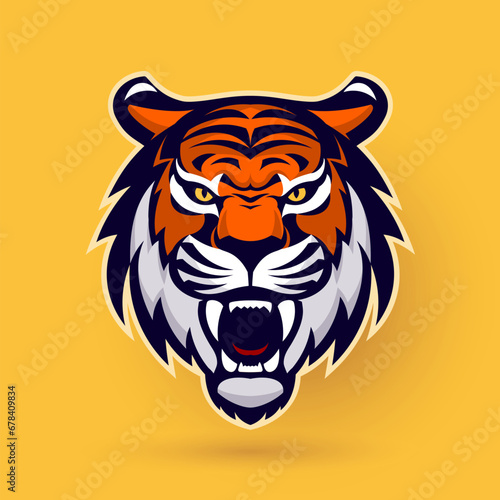 An elaborate and impactful tiger head logo design with intricate features, ideal for brands seeking a dominant representation. The yellow background enhances its vibrancy.