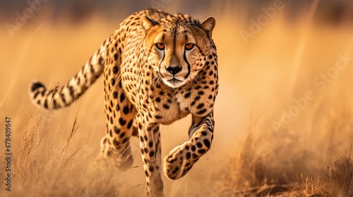 Sleek Cheetah Glides Gracefully on Savannah, Spotted Coat Melds with Golden Grass