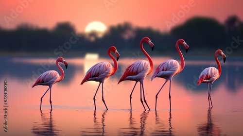 Serene Lagoon  Flamingos Wade  Pink Plumage Aglow in Sunset s Embrace