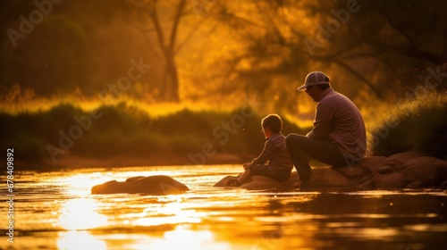 Father and son fishing at sunset photo
